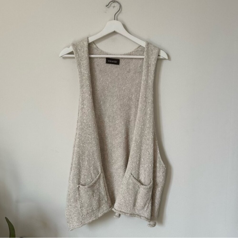 Eskandar Cotton Linen Blend Rolled Open Front Sweater Vest One Size